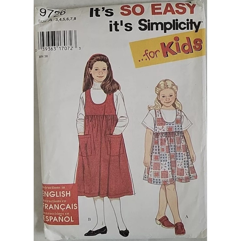Simplicity 9726 Sewing Pattern Toddlers Girls Jumper Size 3-8 Uncut Vintage 90s